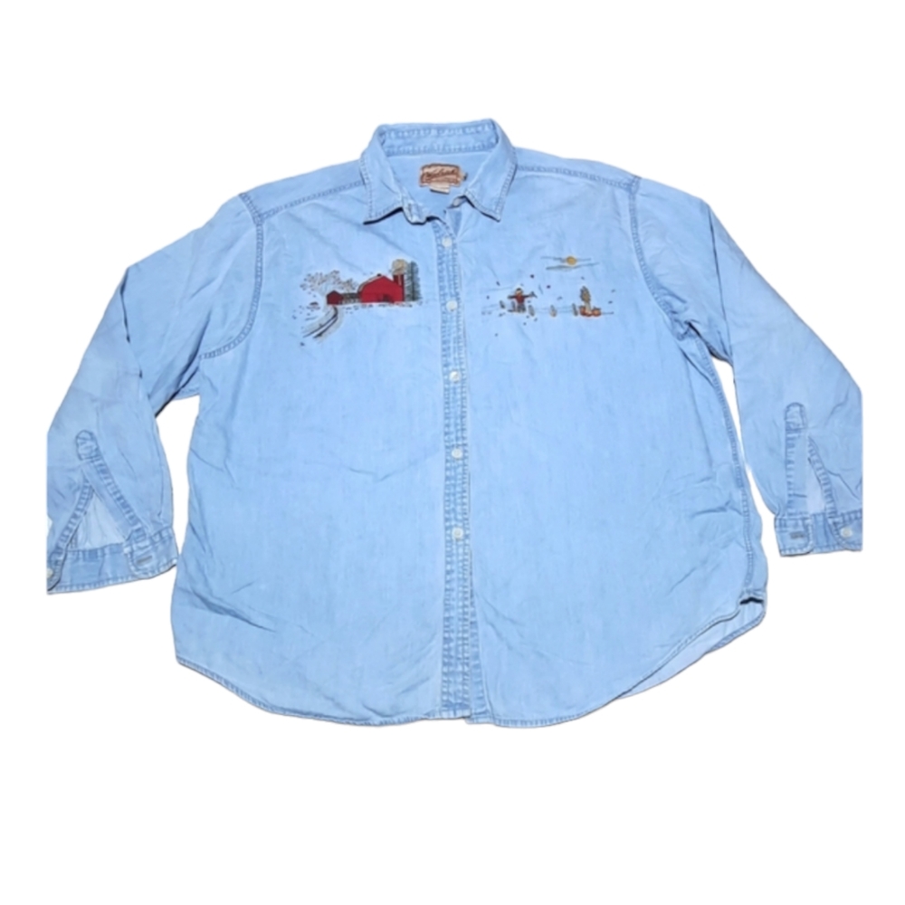 Woolrich Chambray Embroidered Shirt Farm Scene‎ Size XL Vintage